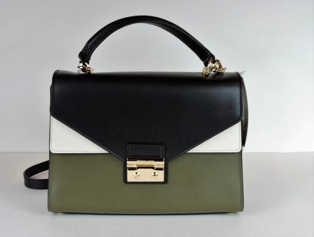 New Michael Kors Sloan Medium Top Handle Satchel lock closure bag olive black